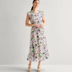 MSK Womens Petite V Neck Sleeveless Flutter Maxi Dress