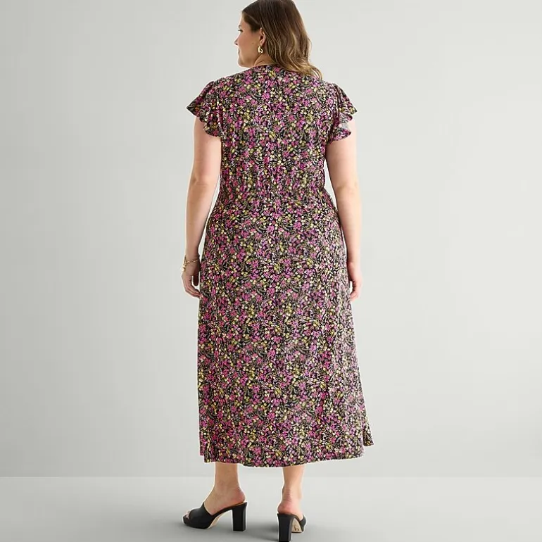 MSK Womens Plus V Neck Short Sleeve Flutter Maxi Dress