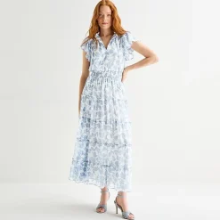 MSK Womens Split Tie Neck Short Sleeve Flutter Maxi Dress