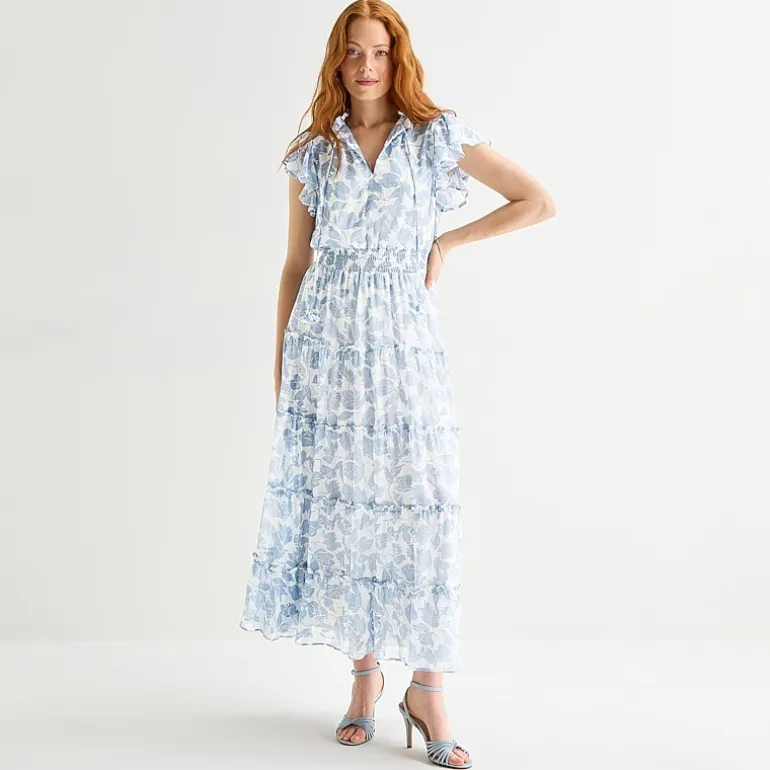 MSK Womens Split Tie Neck Short Sleeve Flutter Maxi Dress