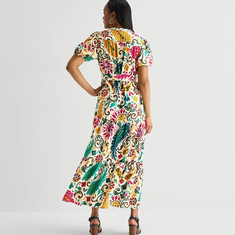 MSK Womens V Neck Short Sleeve Puffed Maxi Dress