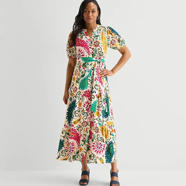 MSK Womens V Neck Short Sleeve Puffed Maxi Dress