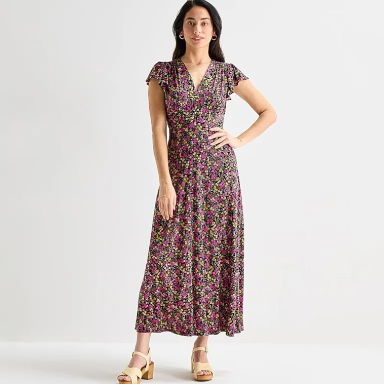 MSK Womens V Neck Short Sleeve Flutter Maxi Dress