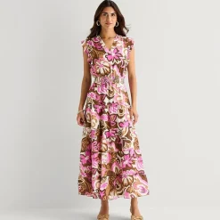 MSK Womens V Neck Sleeveless Flutter Maxi Dress