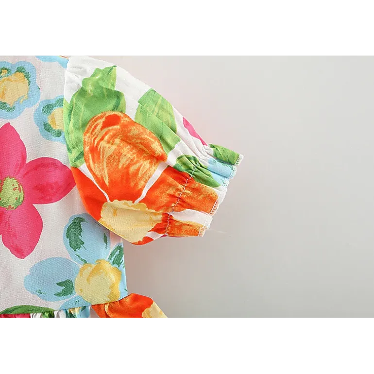 MyKids-USA Baby Floral Pattern Short Sleeve Crewneck Dress with Purse