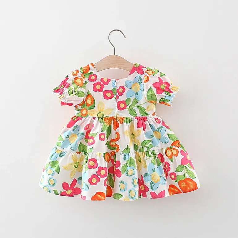 MyKids-USA Baby Floral Pattern Short Sleeve Crewneck Dress with Purse