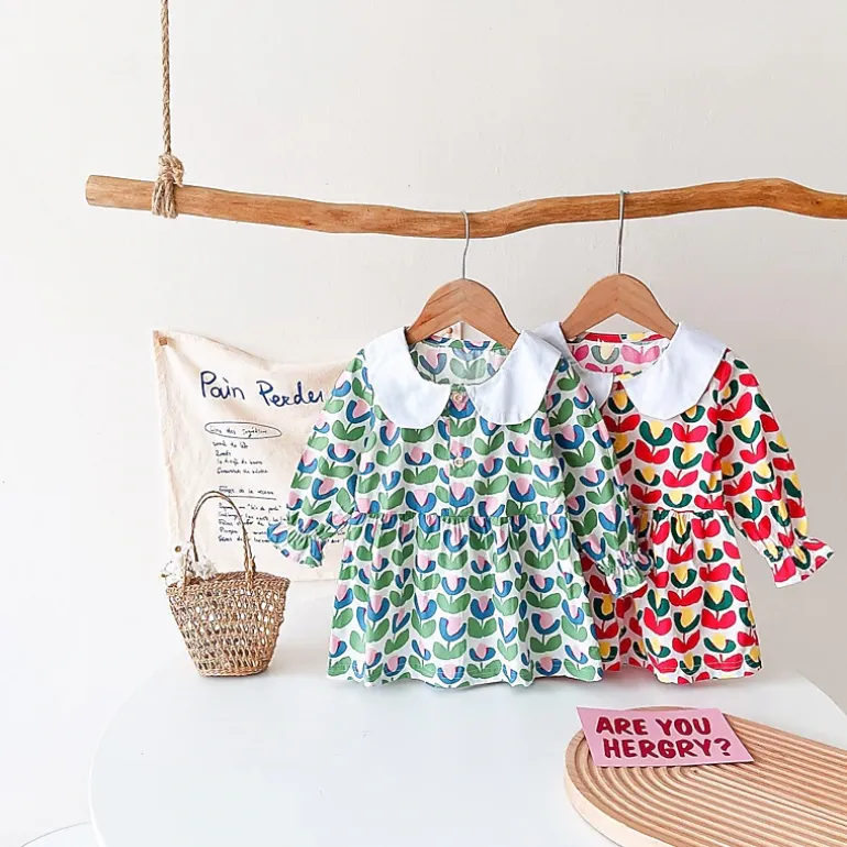MyKids-USA Baby Girl Floral Print Doll Neck A-Line Dress
