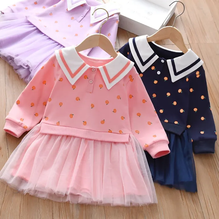 MyKids-USA Baby Girl Fruit Print Mesh Patchwork Notch Collar Long Sleeve Dress