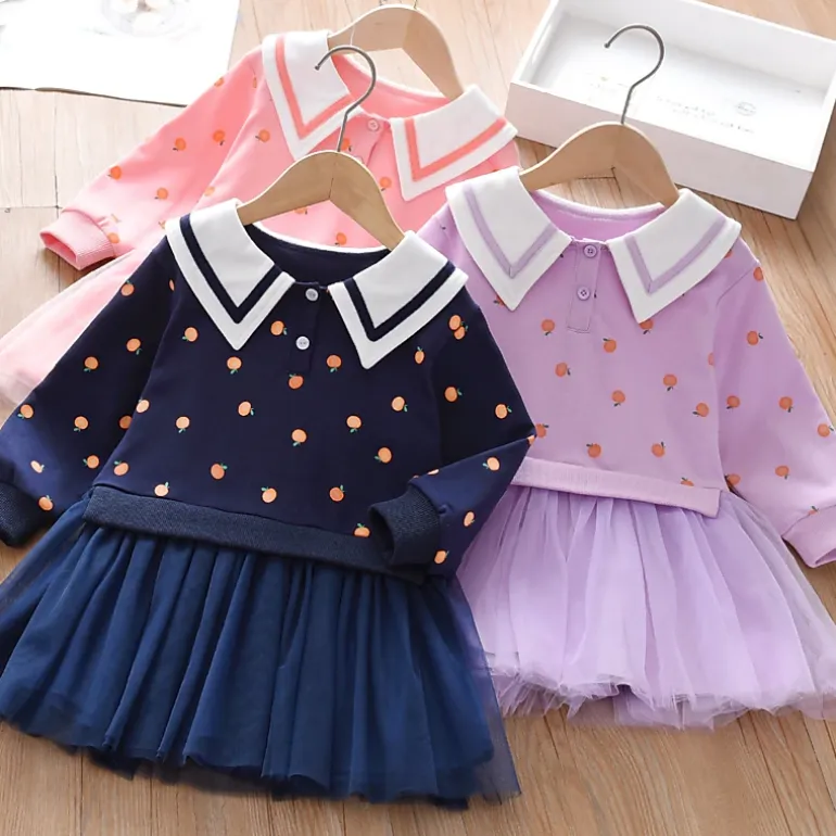 MyKids-USA Baby Girl Fruit Print Mesh Patchwork Notch Collar Long Sleeve Dress