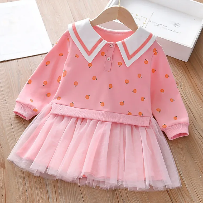 MyKids-USA Baby Girl Fruit Print Mesh Patchwork Notch Collar Long Sleeve Dress