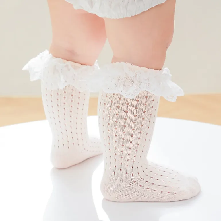 MyKids-USA Baby Girl Lace Socks - Solid Color Mesh Patch, 80% Cotton