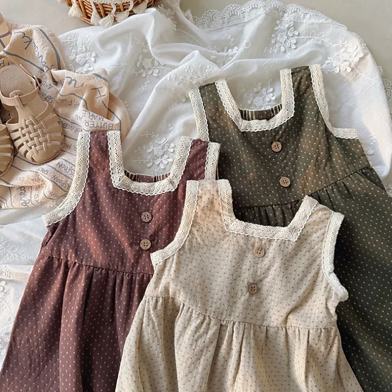 MyKids-USA Girls Sleeveless Lace Trim Geometric Dots Summer Dress