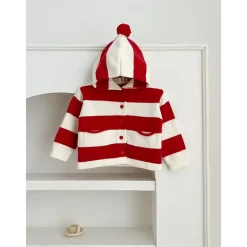MyKids-USA Girls Striped Colorblock Patchwork Single-Breasted Knit Hoodie