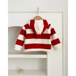MyKids-USA Girls Striped Colorblock Patchwork Single-Breasted Knit Hoodie