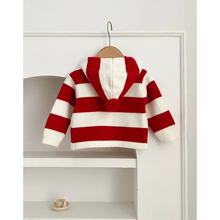 MyKids-USA Girls Striped Colorblock Patchwork Single-Breasted Knit Hoodie