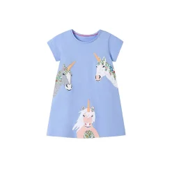MyKids-USA Girls' Summer Unicorn Cartoon Short Sleeve Dress