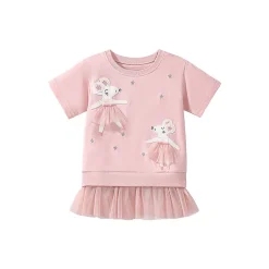 MyKids-USA Pink Tulle Dress for Girls with Dancing Mouse Print, Short Sleeves, Cotton Lining