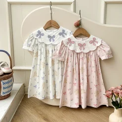 MyKids-USA Toddler Girls Summer Dress - Short Sleeves, Embroidered Collar, Floral Teddy Print - Cotton Blend