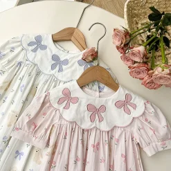 MyKids-USA Toddler Girls Summer Dress - Short Sleeves, Embroidered Collar, Floral Teddy Print - Cotton Blend