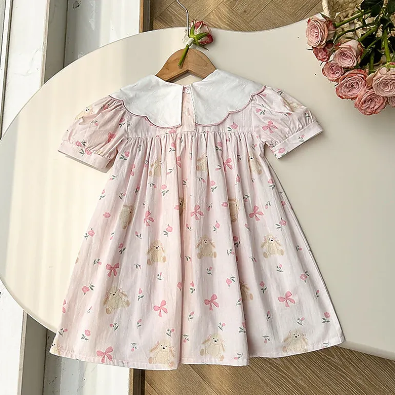 MyKids-USA Toddler Girls Summer Dress - Short Sleeves, Embroidered Collar, Floral Teddy Print - Cotton Blend