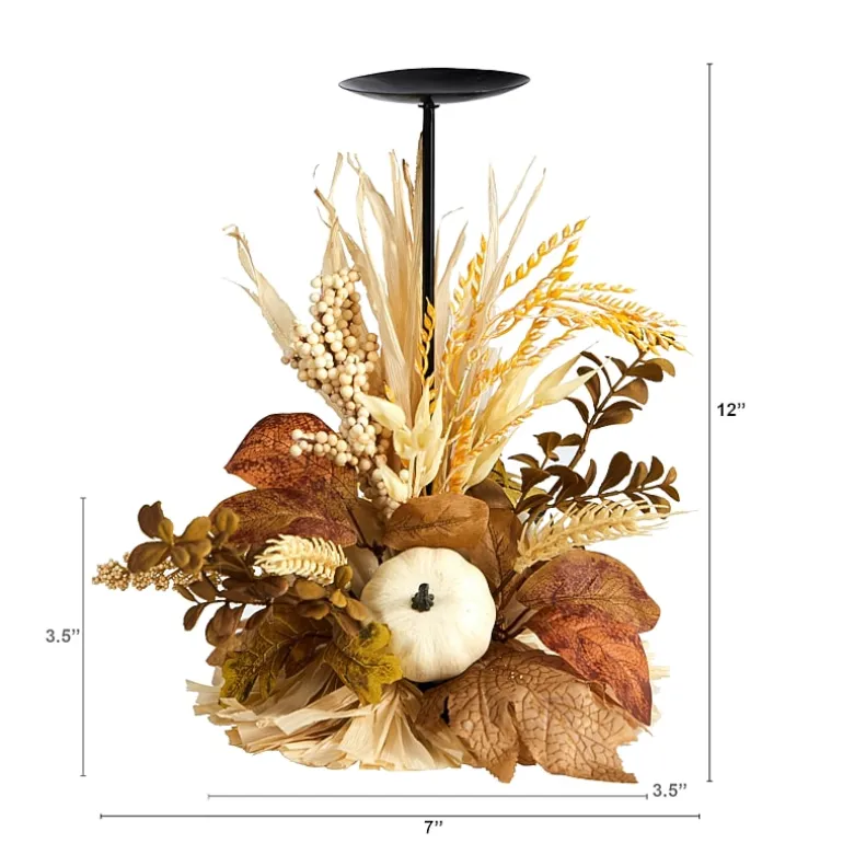 Nearly Natural 12" Autumn Pumpkin Candle Holder Floral Arrangement