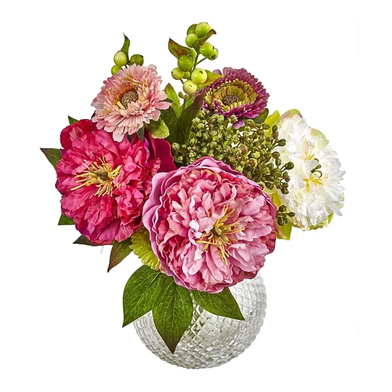 Nearly Natural Peony And Mum In Glass Vase Artificial Flowers