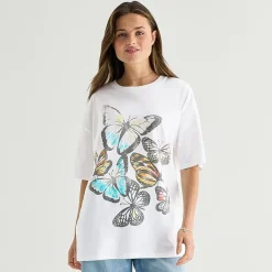 New World Butterfly Tee Womens Juniors Crew Neck Short Sleeve Oversized Graphic T-Shirt