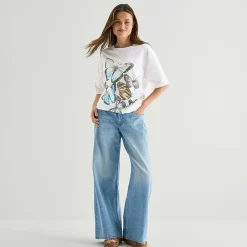 New World Butterfly Tee Womens Juniors Crew Neck Short Sleeve Oversized Graphic T-Shirt