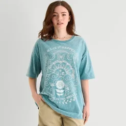 New World Celestial Womens Juniors Crew Neck Short Sleeve Oversized Graphic T-Shirt