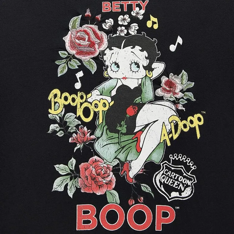 New World Womens Juniors Crew Neck Elbow Sleeve Oversized Betty Boop Graphic T-Shirt