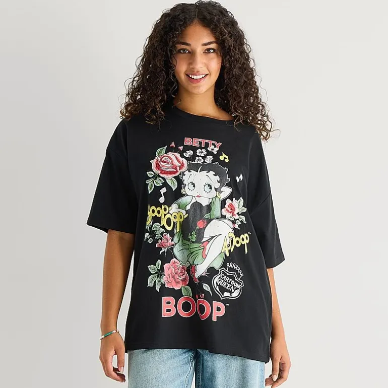 New World Womens Juniors Crew Neck Elbow Sleeve Oversized Betty Boop Graphic T-Shirt