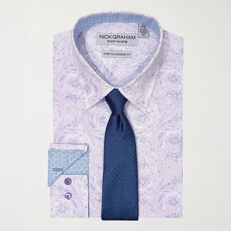Nick Graham Mens Spread Collar Long Sleeve Stretch Fabric Shirt + Tie Set
