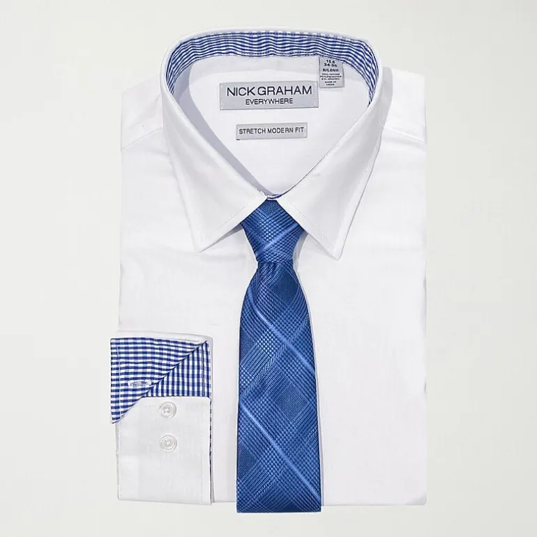 Nick Graham Mens Spread Collar Long Sleeve Stretch Fabric Shirt + Tie Set