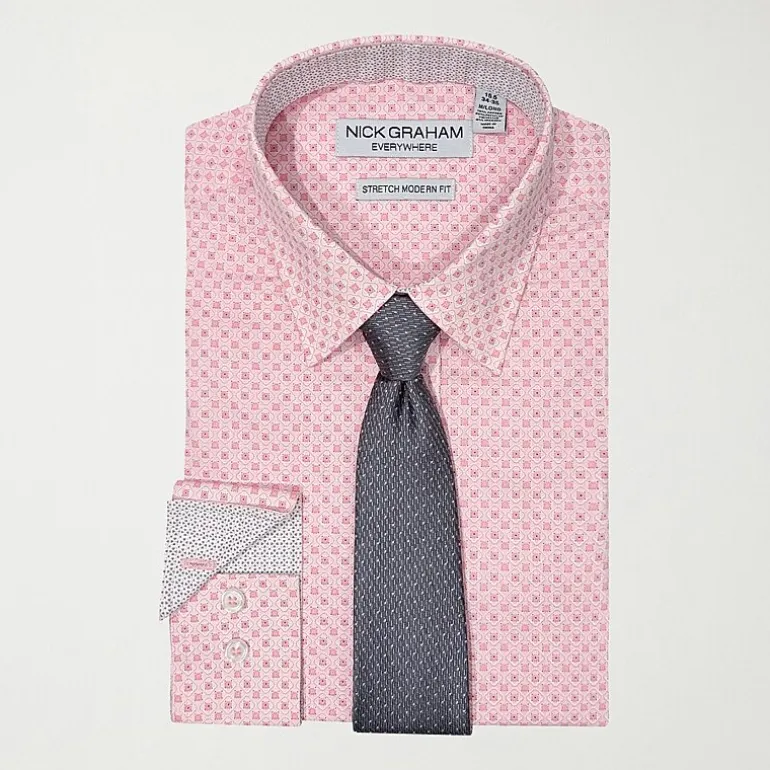 Nick Graham Mens Spread Collar Long Sleeve Stretch Fabric Shirt + Tie Set