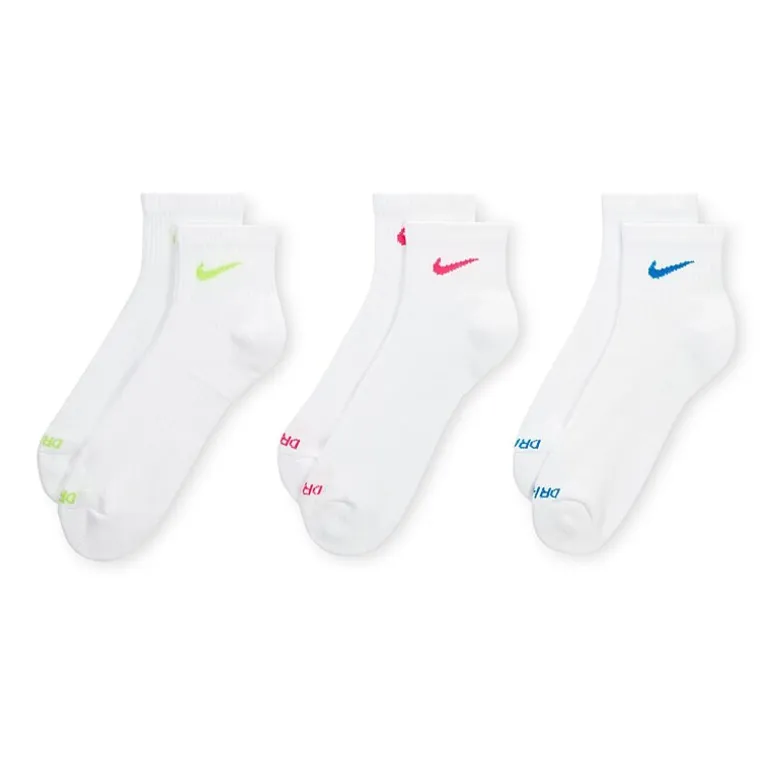 Nike Everyday Plus Cushioned Unisex Adult Breathable Multi-Pack 3 Pair Quarter Ankle Socks