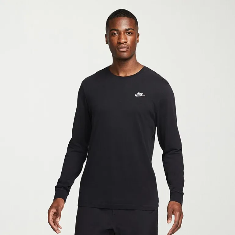 Nike Sportswear Club Mens Crew Neck Long Sleeve Quick Dry Embroidered Active T-Shirt