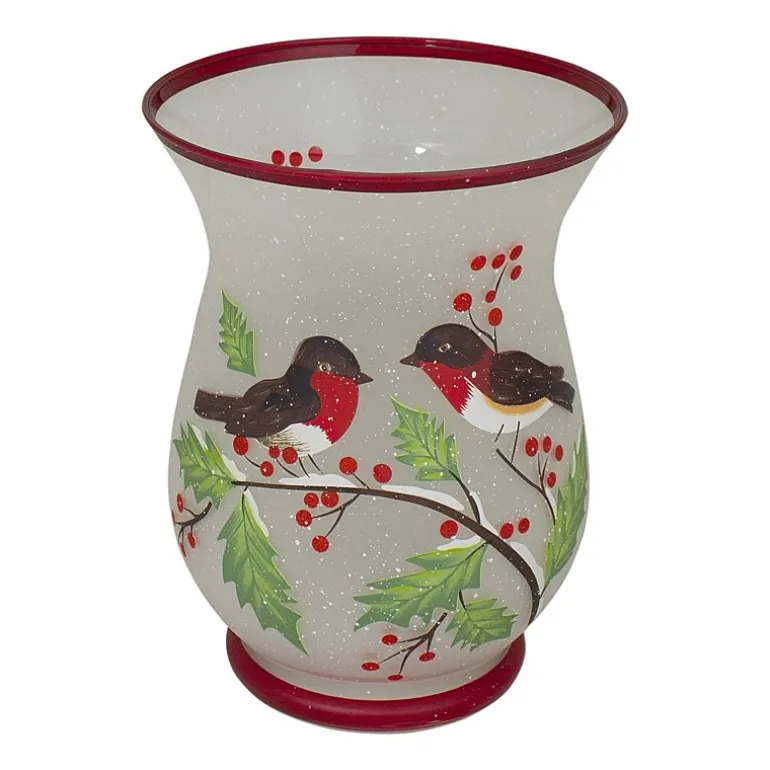 Northlight 8" Hand Painted Finches And Pine Glass Candle Holder