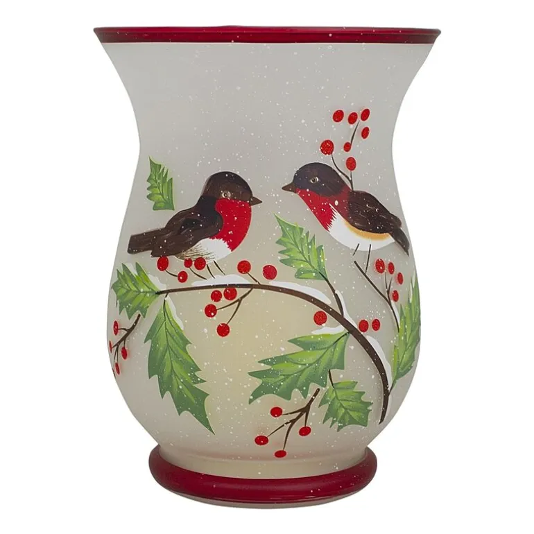 Northlight 8" Hand Painted Finches And Pine Glass Candle Holder