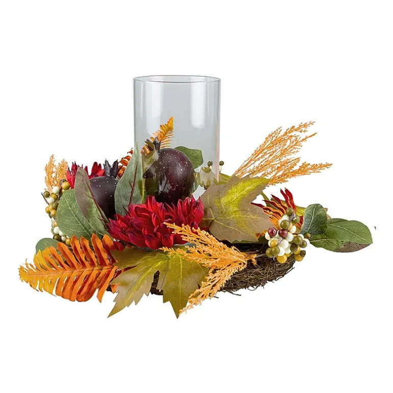 Northlight 22in Mums With Pomegranate Fall Centerpiece Candle Holder