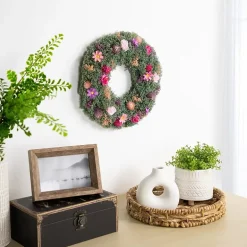 Northlight 13in Pink Rose And Thistle Mixed Floral Wreath
