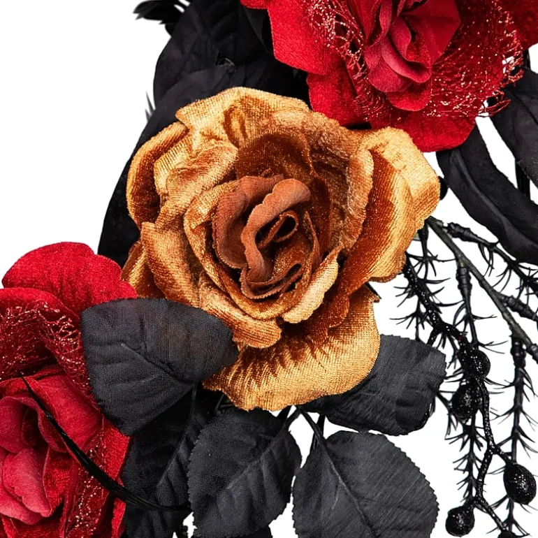 Northlight 22in Red And Gold Roses Black Foliage Wreath