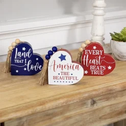 Northlight 3.75in Set Of 3 Hearts With Beaded Tassels Wooden 3-pc. Tabletop Decor