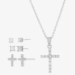olivia and jackson Womens Cubic Zirconia Pure Silver Over Brass Cross 5-pc. Jewelry Set