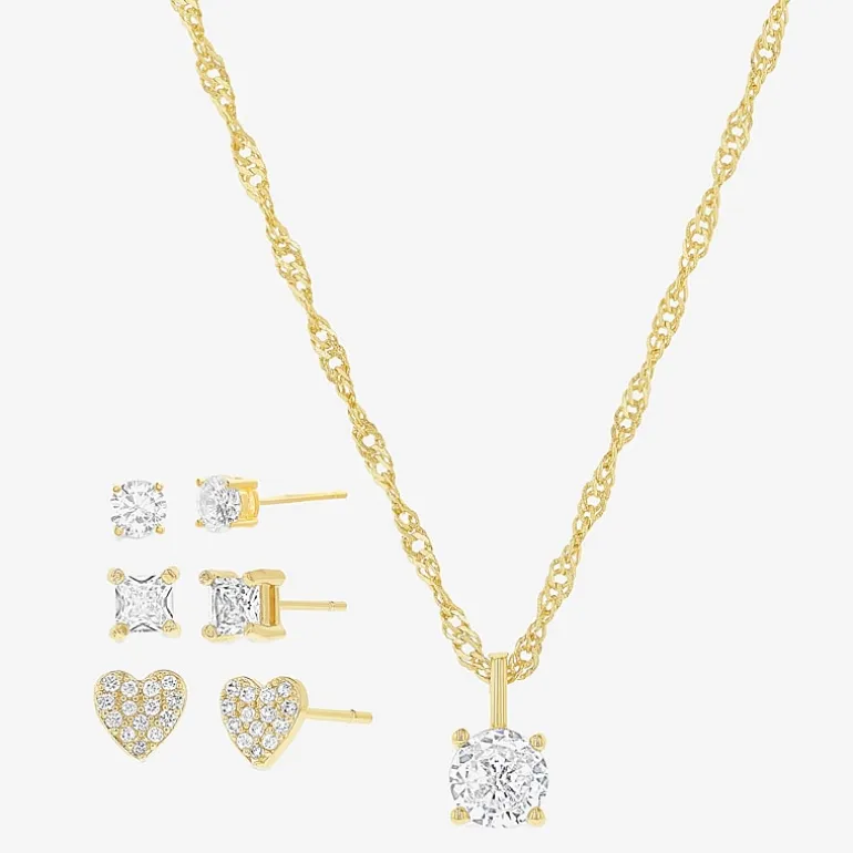 olivia and jackson Womens Cubic Zirconia 14K Gold Over Brass Heart Round 5-pc. Jewelry Set