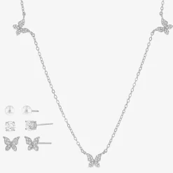 olivia and jackson Womens Cubic Zirconia Simulated Pearl Pure Silver Over Brass Butterfly 5-pc. Jewelry Set