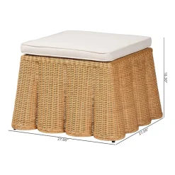 Palm Scalloped Rattan Ottoman in Light Honey with Removable Cushion