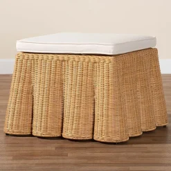 Palm Scalloped Rattan Ottoman in Light Honey with Removable Cushion