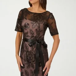 Papell Boutique Womens Boat Neck Short Sleeve Evening Gown