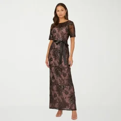 Papell Boutique Womens Boat Neck Short Sleeve Evening Gown