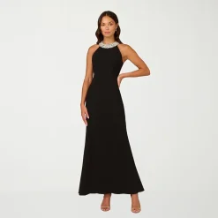 Papell Boutique Womens Halter Neck Sleeveless Embellished Evening Gown